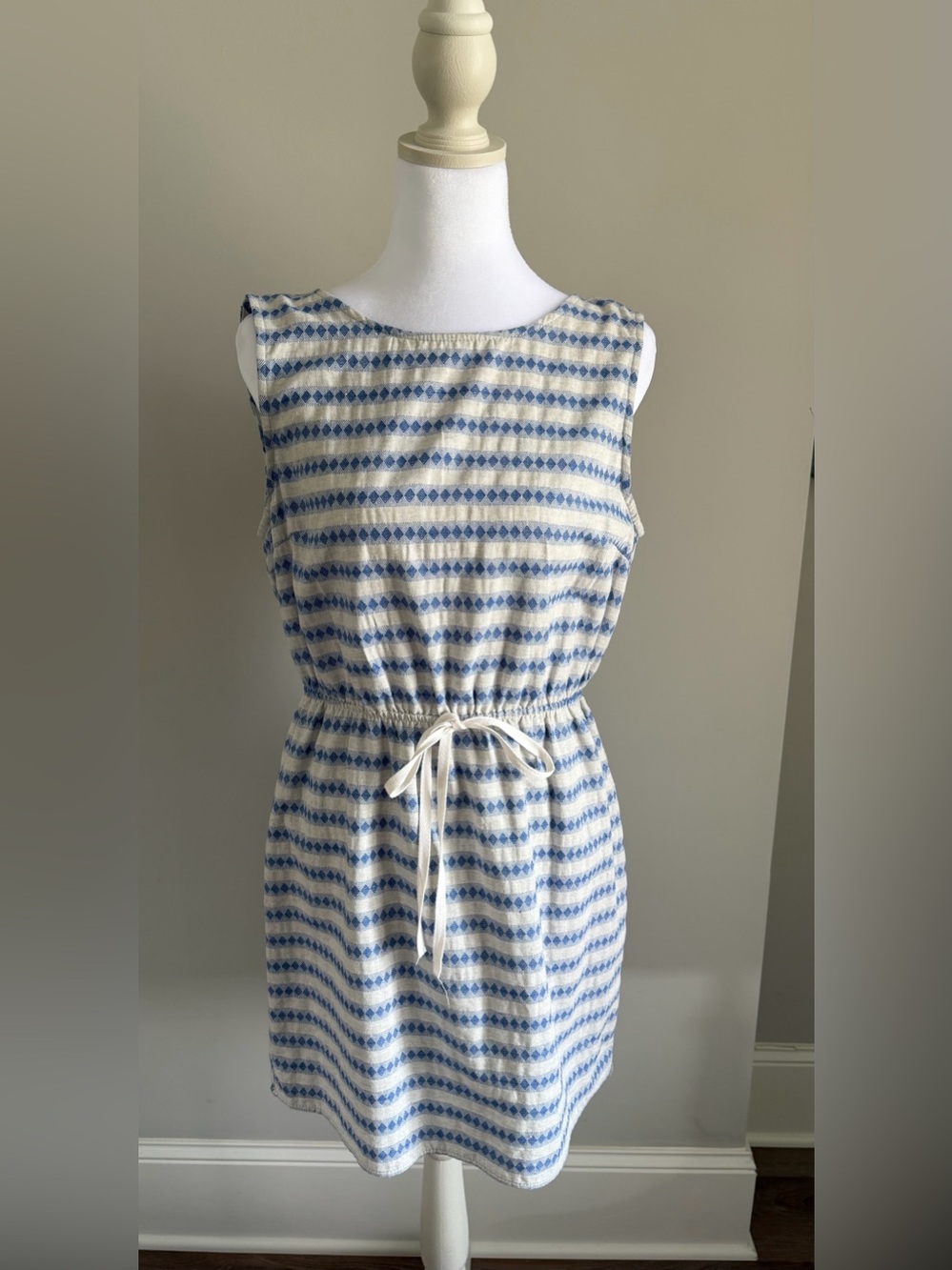 Peppermint Blue and Cream Sleeveless Drawstring Mini Dress